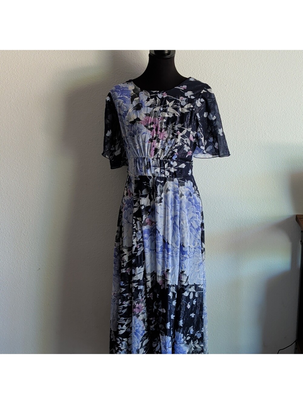 Alexa B Petite Blue Purple Floral Pleated Maxi Dress 10 Cape